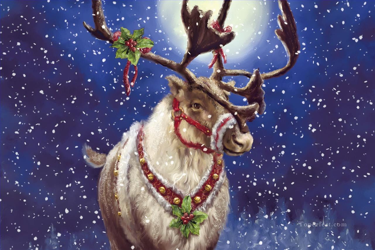 月の下のクリスマスの鹿の子供たち油絵